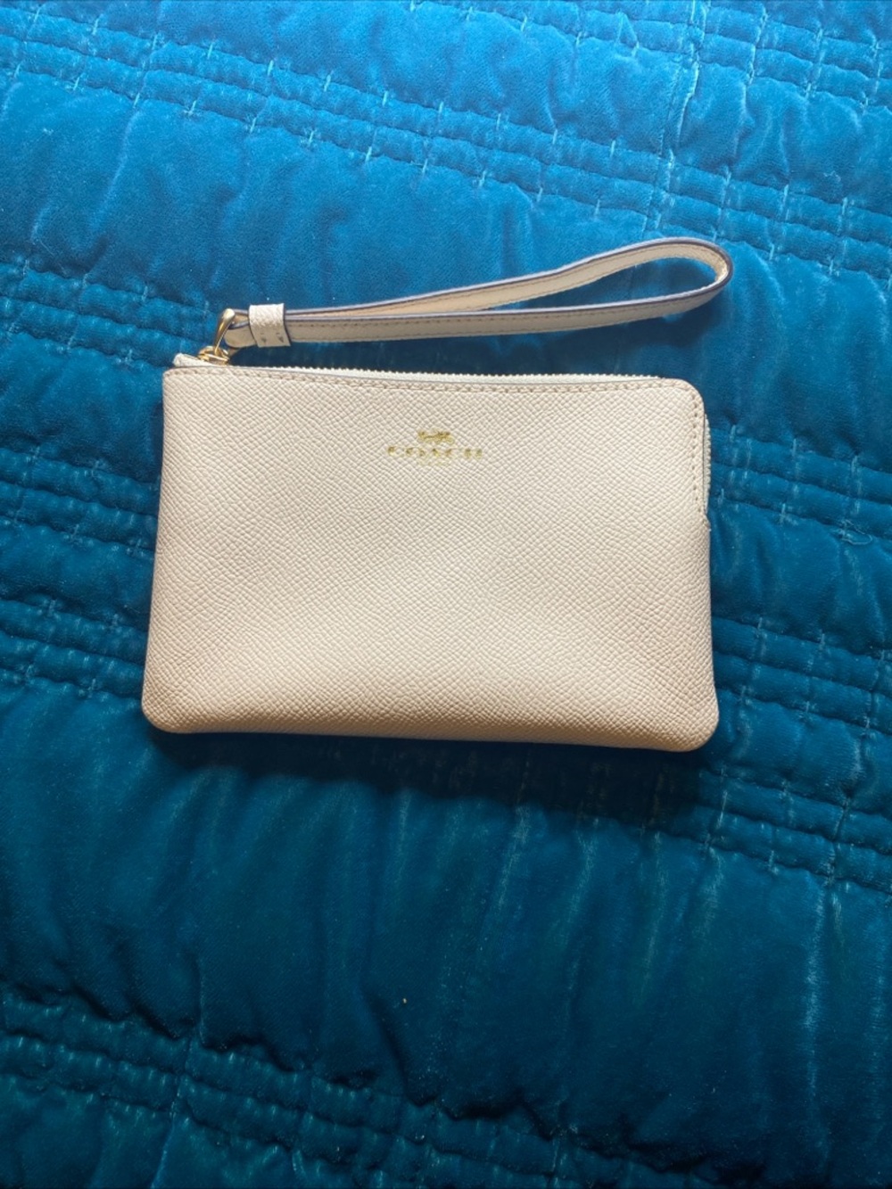 Coach Cream Leather Wristlet with Gold Logo Accent